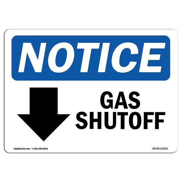Signmission OSHA Notice Sign, 3.5" Height, 5" Width, Gas Shutoff (Down Arrow) Sign With Symbol, Landscape OS-NS-D-35-L-13022 - main